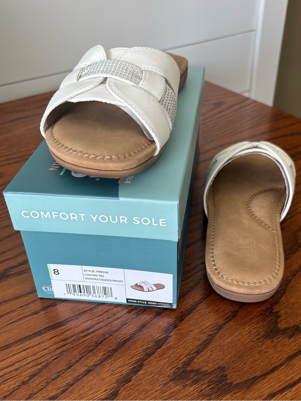 Cliffs by White Mountain White Slide Sandals with Rhinestone Detail